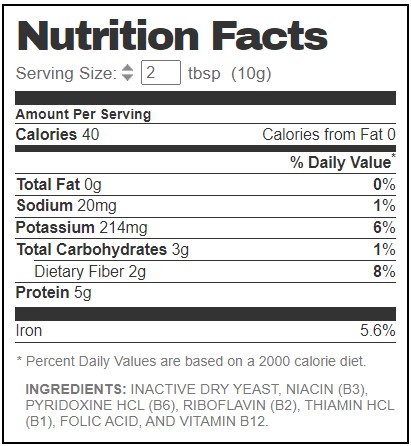 An image of the nutritional information of nutritional yeast