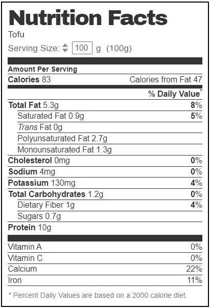 An image of the nutritional information for 100g serving of tofu